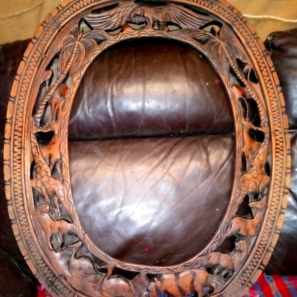 ***  large vintage " big 5 " hand carved animal wood mirror frame